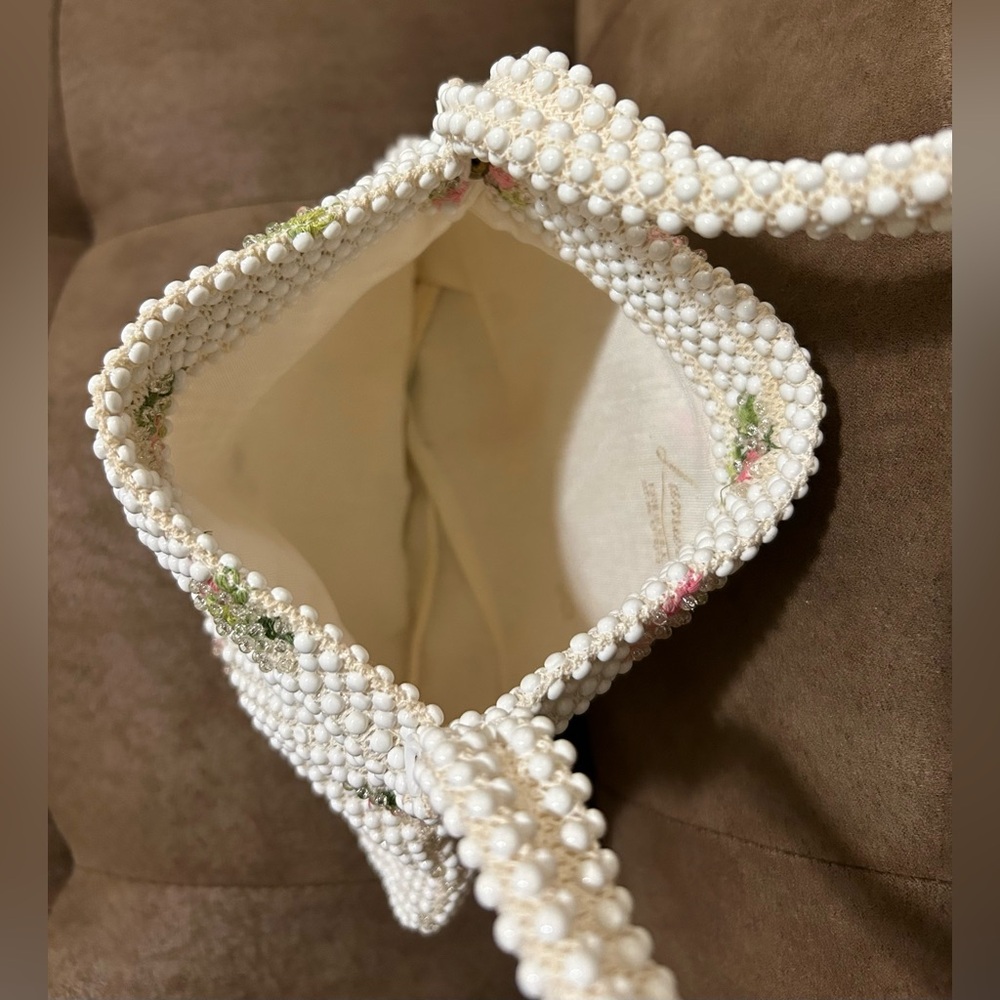 Vintage White & Floral Beaded Mini Shoulder Bag - Picture 3 of 4